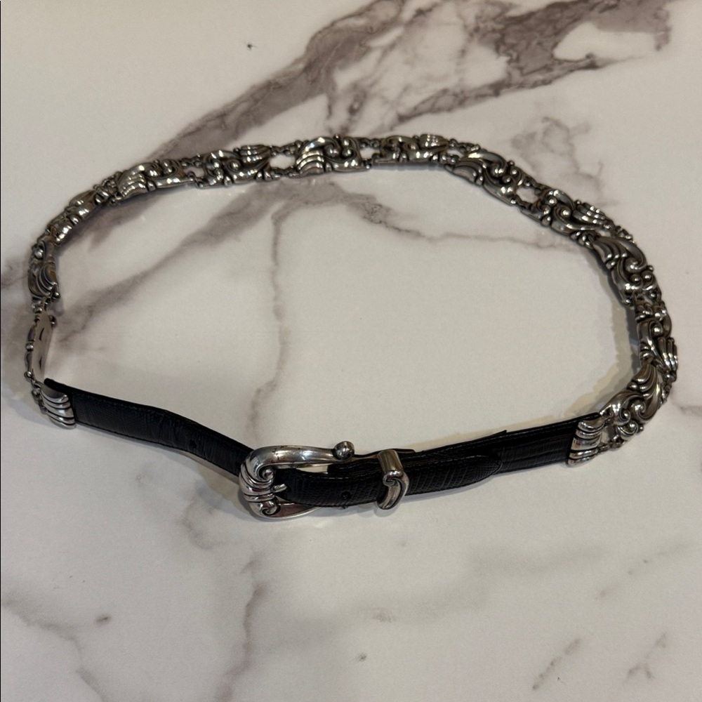 Vintage Brighton Silver Chain and Black Leather Belt